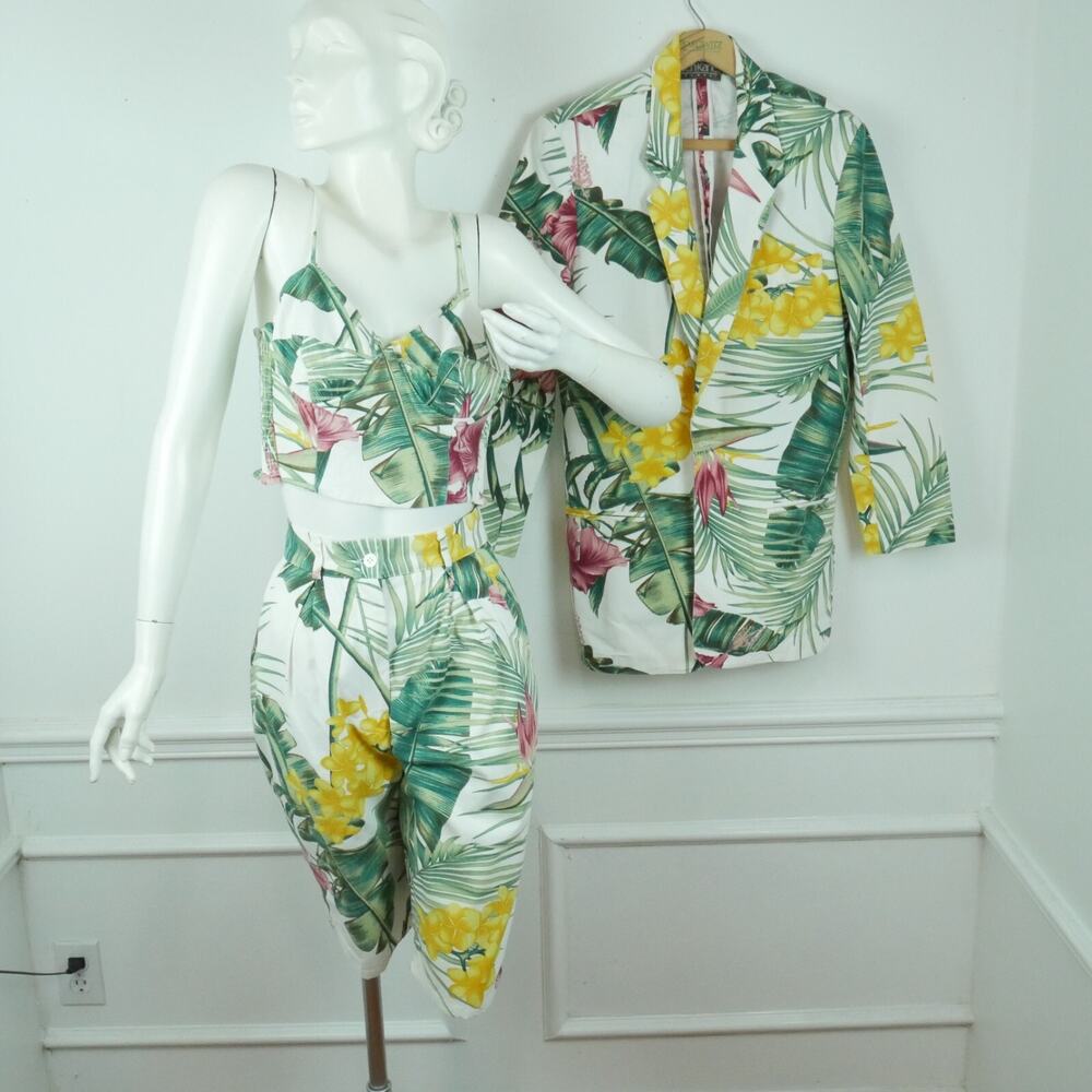 Vintage Tropical Resort Outfit Top Shorts Jacket‎ Floral Print Retro XXS 90s